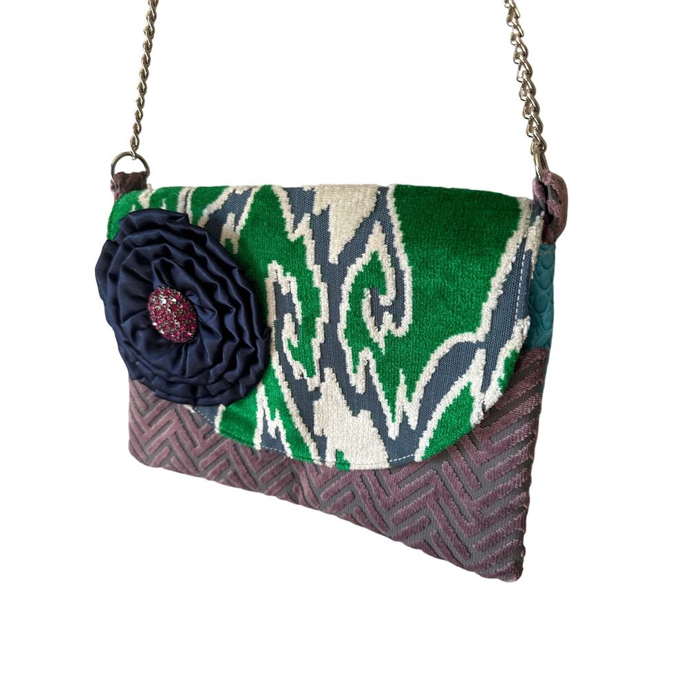 Lola‎ Blue Croc Embossed Faux Leather Carpet Tapestry Bag Chain Crossbody
